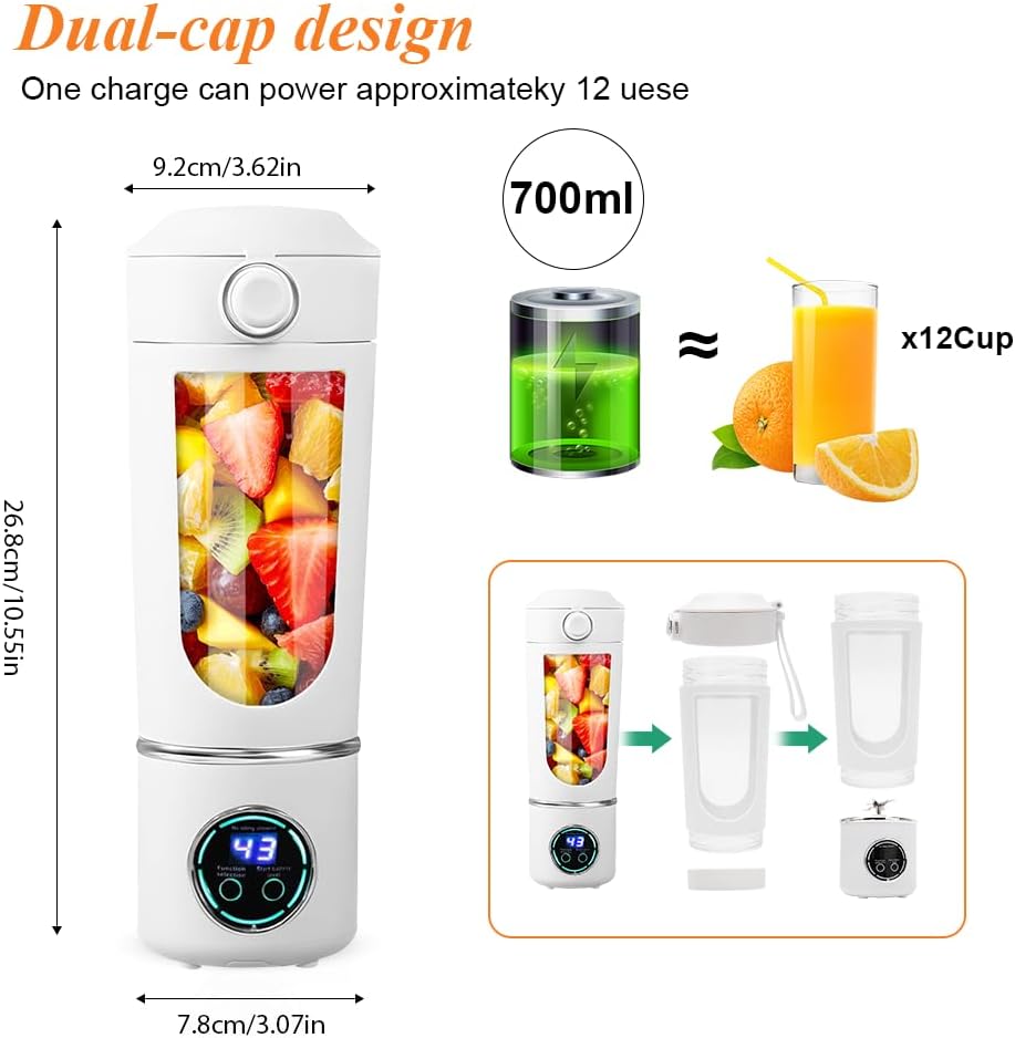 Tragbarer Mixer, 700 ml Kleiner Entsafter, Wiederaufladbarer Smoothie Maker, mit 12 Rostfreien Kling