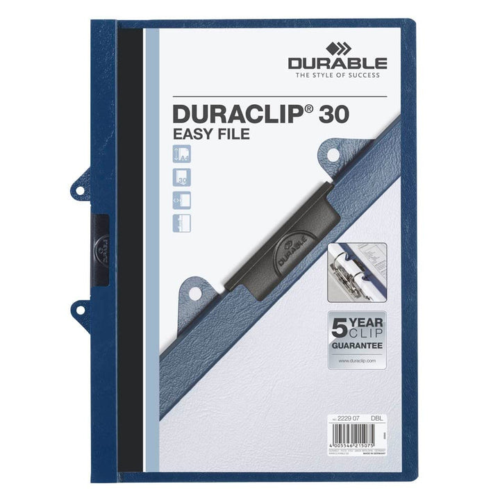 Durable Klemm-Mappe Duraclip 30 Easy File, abheftbar, Hartfolie, bis 30 Blatt A4, dunkelblau, 25er P