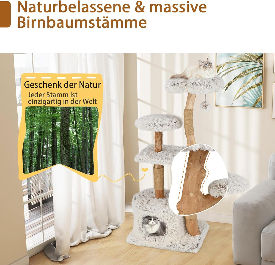 SOARS Kratzbaum Holz, Katzenbaum mit 2 natürlichen Birnbaumstämmen, Sitzplattform & Plüschflächen, S