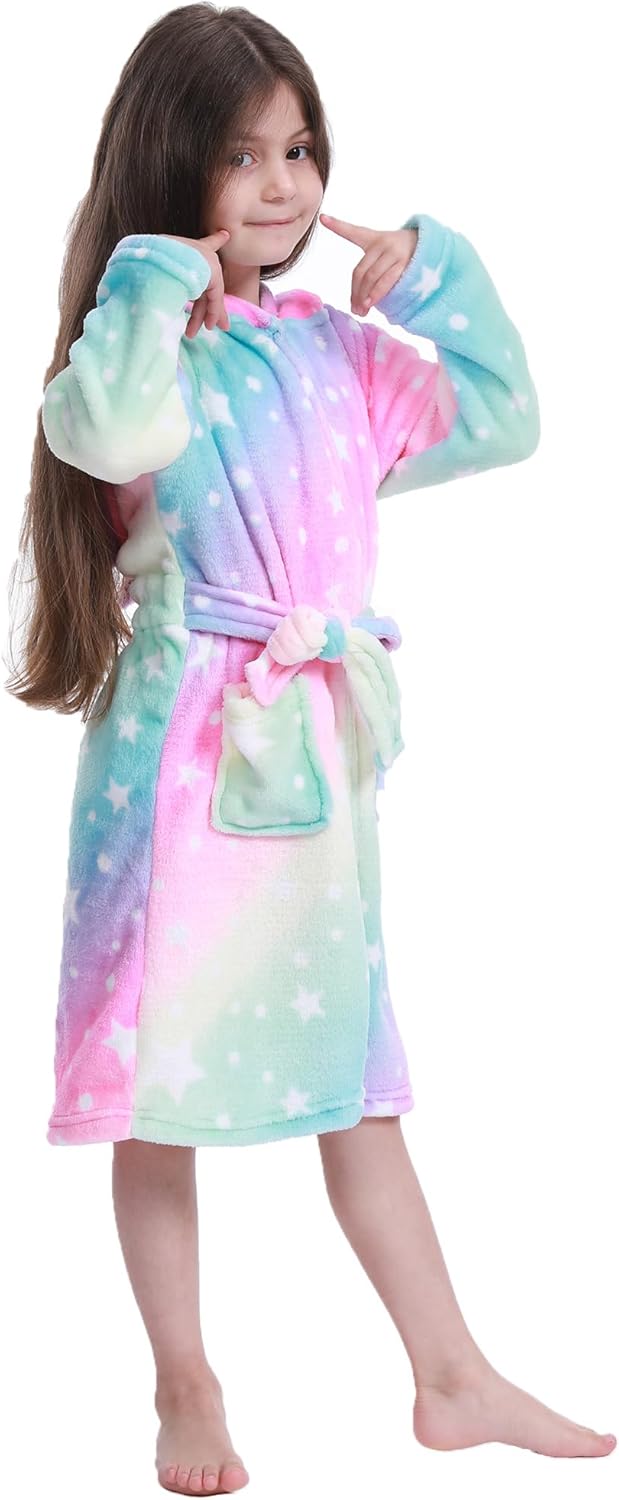 Bademantel für Mädchen, Weicher Flanell Schlafanzug mit Kapuze, Warme Kinder Hausbekleidung für 3-11