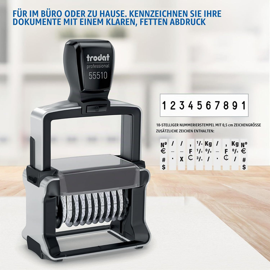 Trodat Professional 55510 Nummernstempel 10 Bänder, Selbstfärbend, 5 mm Schrifthöhe, Abdruck schwarz