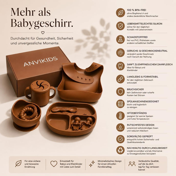 Baby Geschirr Set aus Silikon mit Saugnapf – Baby Geschenkbox mit Teller, Schale, Lätzchen, Snackbec