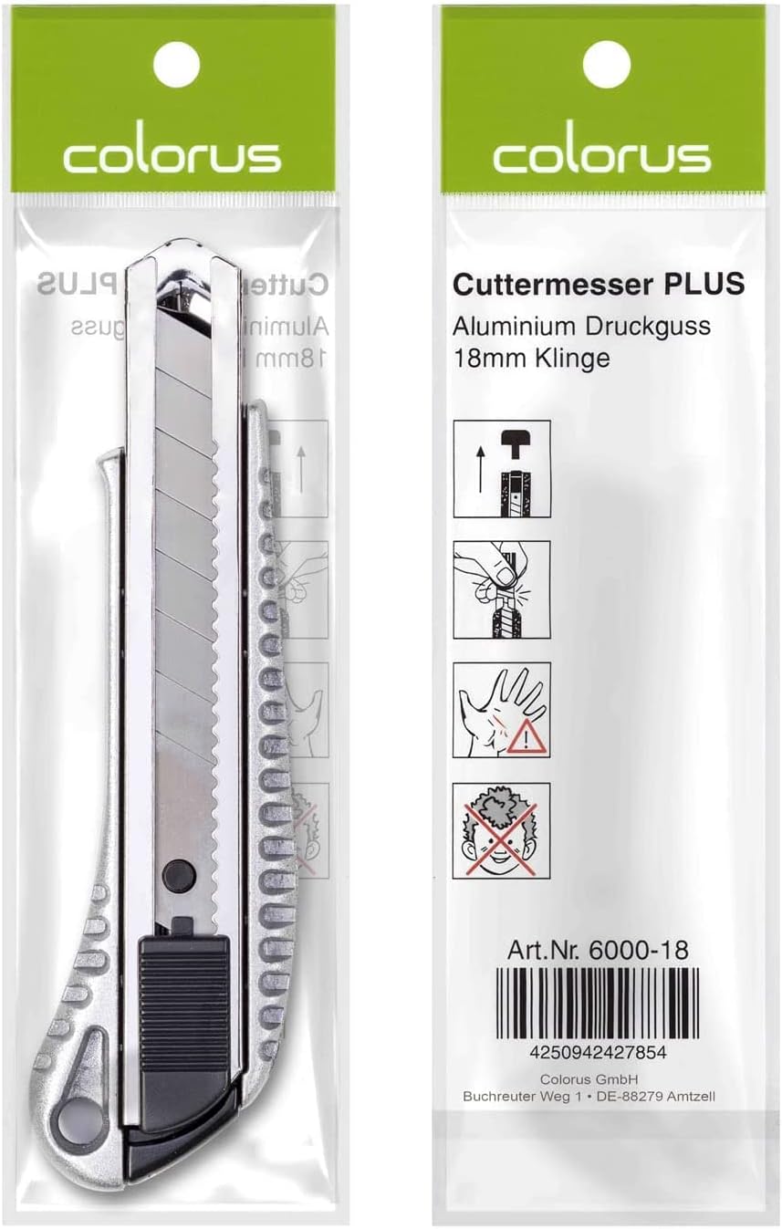 12 x Premium Colorus Alu Druckguss Cuttermesser 18mm inklusive 10 x Abbrechklingen | Teppichmesser k
