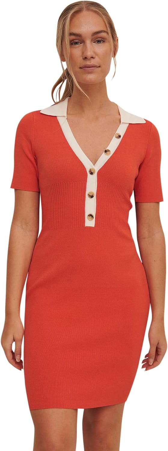 NA-KD Damen Strickkleid mit Geripptem Detail Lssiges Kleid L Spicy Red, L Spicy Red