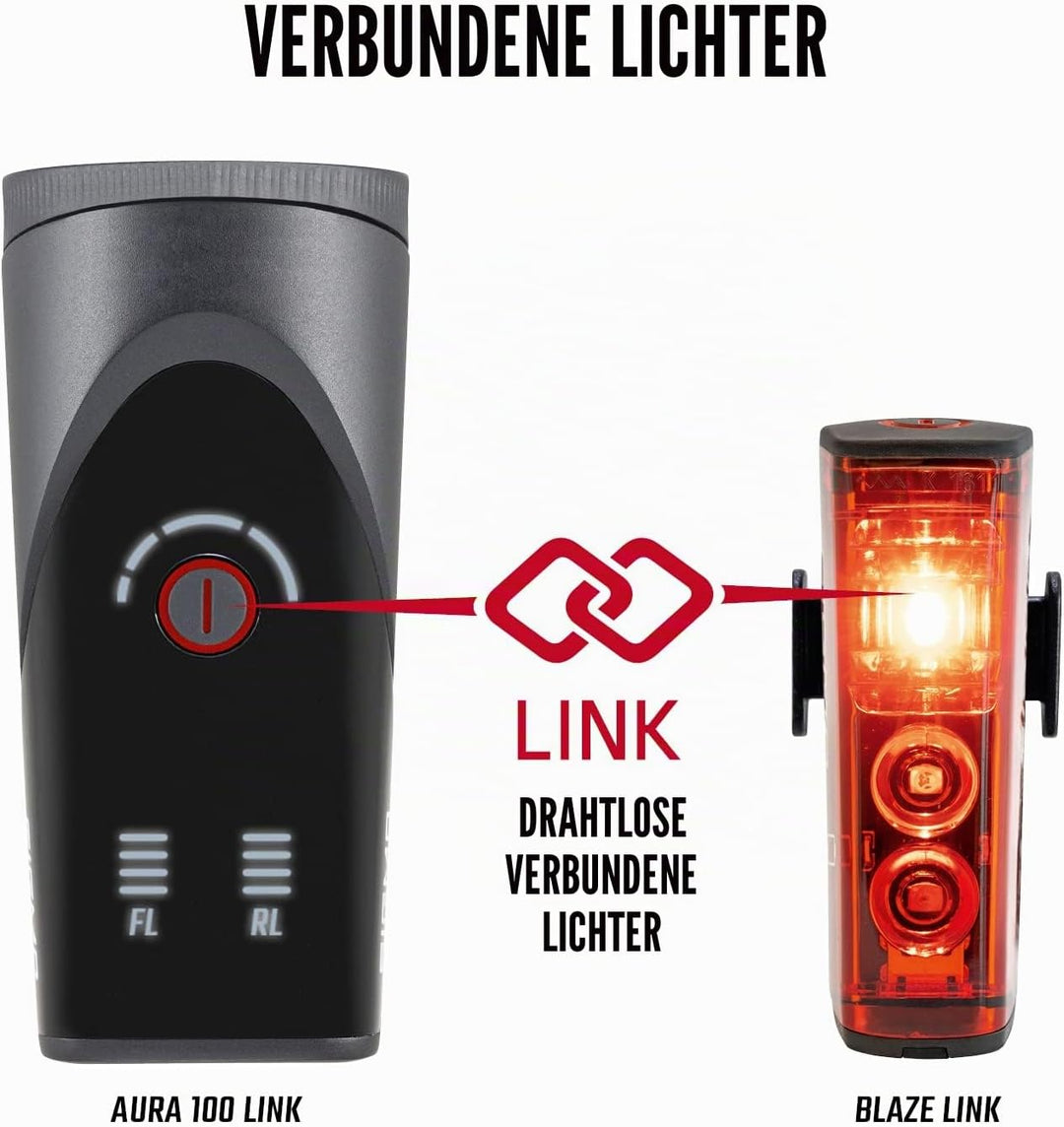 SIGMA Fahrradlicht Set Aura 100/Blaze Link (Silikonhalterung) | Innovative Kopplungsfunktion & Autom