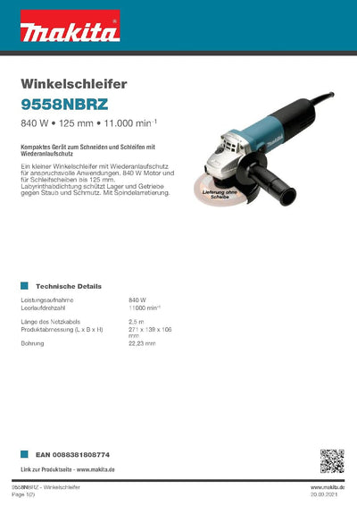 Makita 9558NBRZ Winkelschleifer 125 mm, 840 W,