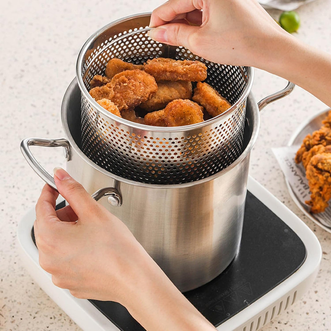 Fritteusentopf mit Korb, 3,5 l Frittiertopf aus Edelstahl, kleine Fritteuse mit Verbrühungsschutzgri