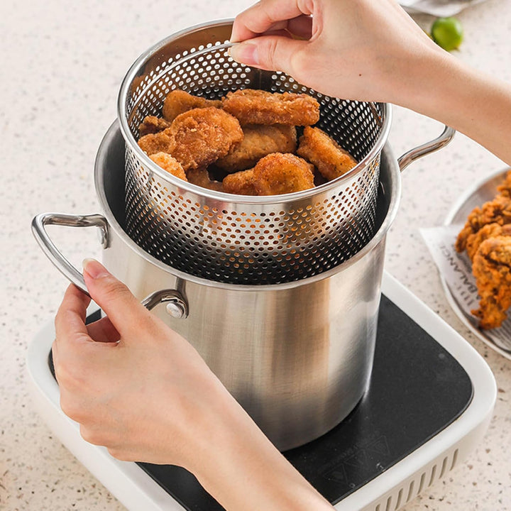 Fritteusentopf mit Korb, 3,5 l Frittiertopf aus Edelstahl, kleine Fritteuse mit Verbrühungsschutzgri