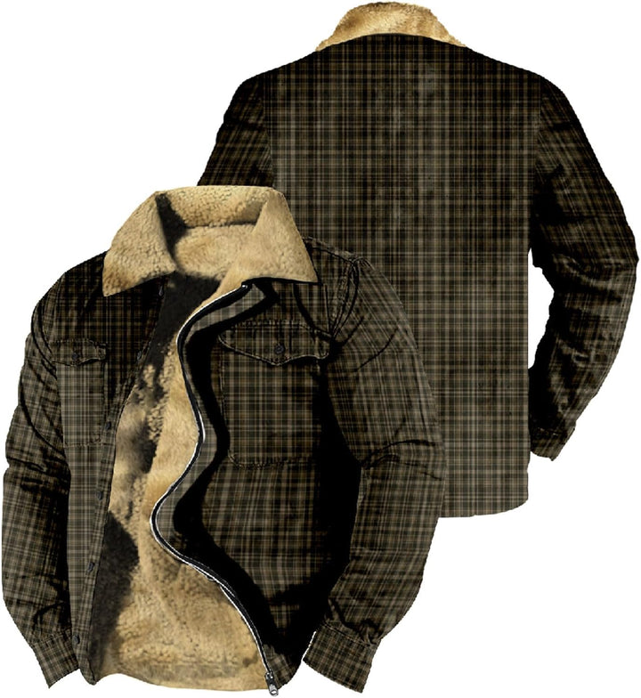 Gefütterte Jacke Herren Kariertes Druck Fleecefutter Übergangsjacke Mit Taschen Winterjacke Mit Reis