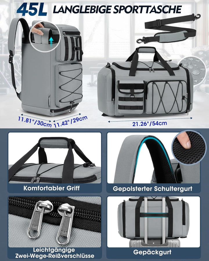 RAINSMORE 45L Sporttasche Herren Damen, 3-IN-1 Reisetasche mit Schuhfach Nassfach, Wasserdicht Gym D