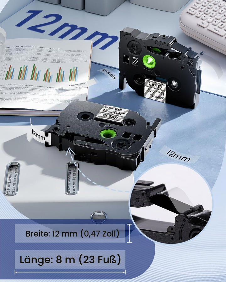 Anycolor TZe-131 12mm Clear Laminated Schriftband kompatibel mit Brother P-touch Bänder Transparent