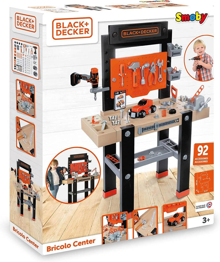 Smoby - Black+Decker Werkbank Center - 92-teilig, mit mechanischem Akkuschrauber, Autobausatz, Werkz