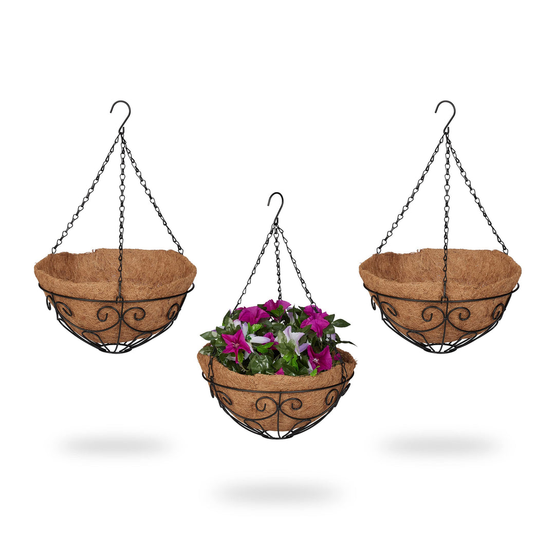 Relaxdays Blumenampel 3er Set, Metallkorb &amp; Kokoseinlage, H x D: 48 x 31 cm, Hängepflanzen, innen &amp;