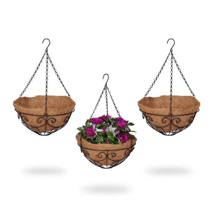 Relaxdays Blumenampel 3er Set, Metallkorb &amp; Kokoseinlage, H x D: 48 x 31 cm, Hängepflanzen, innen &amp;