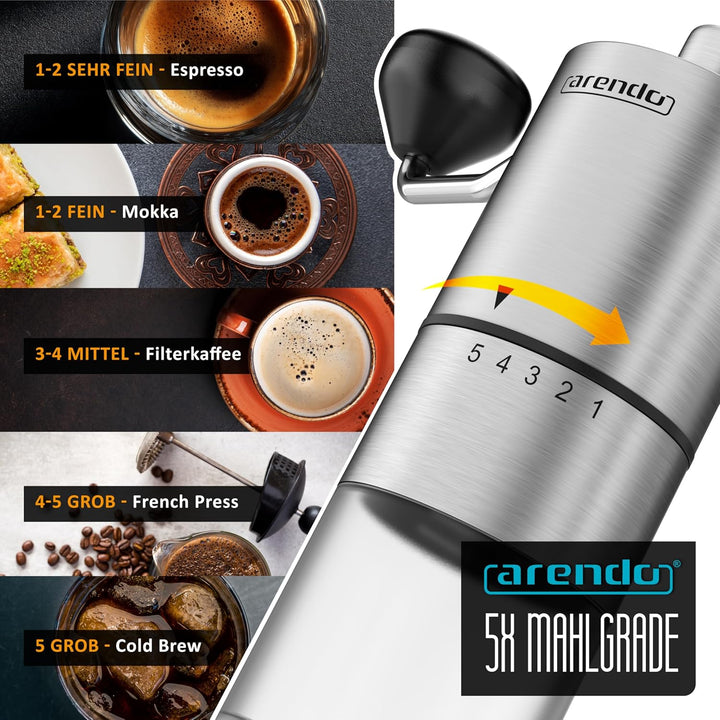 Arendo - Edelstahl Kaffeemühle manuell – Keramikmahlwerk – verstellbarer Mahlgrad 5 Stufen – Handmüh