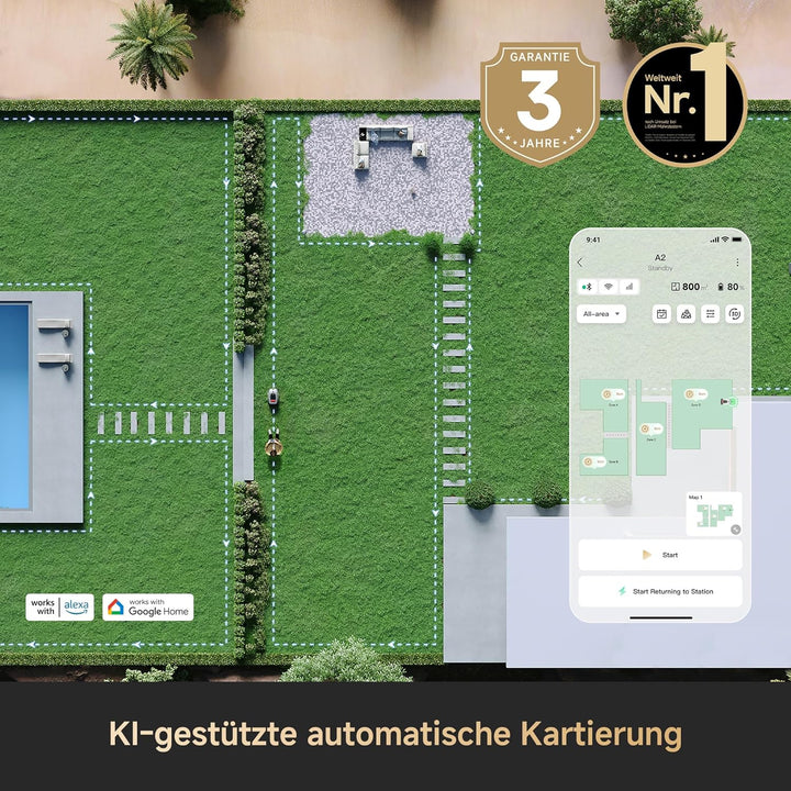 DREAME A2 1200 Mähroboter – kabellos ohne RTK, für Flächen bis zu 1200 m², mit 360° 3D-LiDAR & KI-Vi