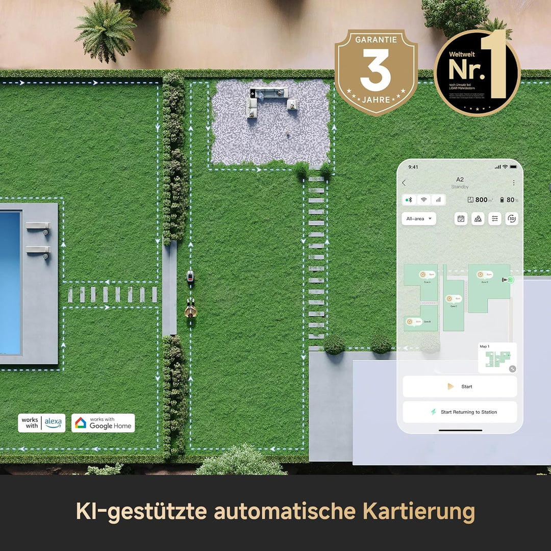 DREAME Mähroboter A2 ohne Begrenzungskabel, 360° 3D LiDAR + AI Vision, Auto-Begrenzungseinrichtung,3