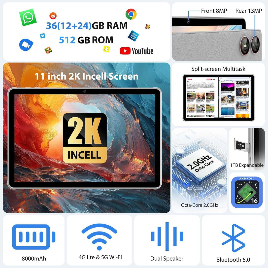 2026 Android 16 Tablet 11 Zoll, 36GB RAM+512GB ROM, SIM 4G &amp; 5G WiFi, Octa Core, 13MP+8MP, 2000 * 12