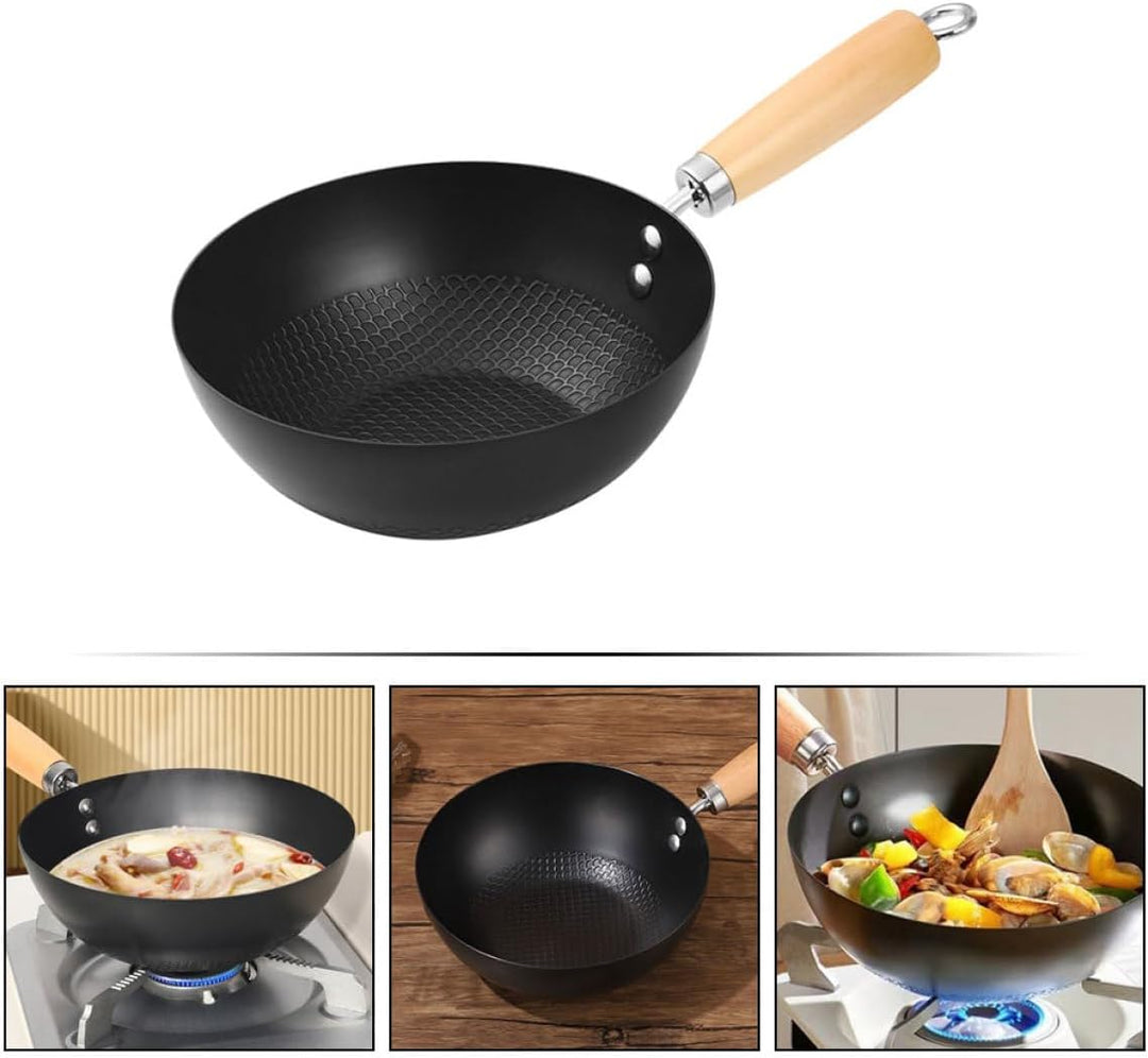 Sewroro Antihaft Bratpfanne Gusseisen 20cm Kleiner Wok ohne Beschichtung Hitzebeständiger Griff für