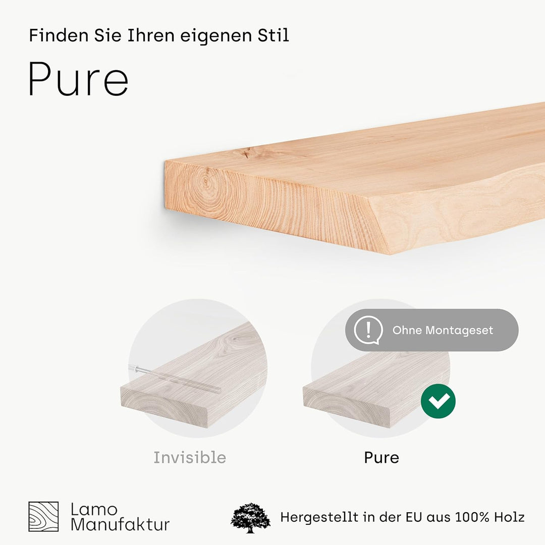 LAMO Manufaktur Wandregal Holz Baumkante | Regal Farbe: Natur | Pure: ohne Montage Set | 120 cm Pure