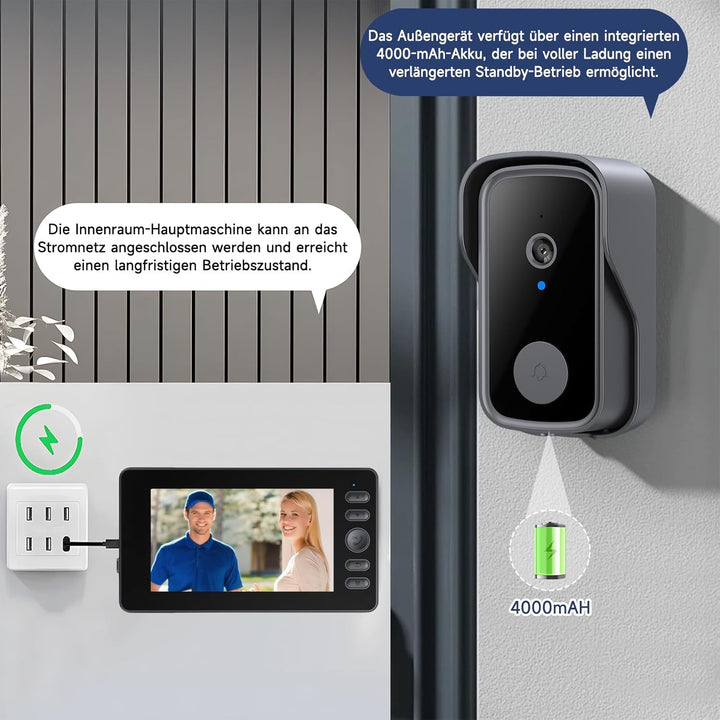 Video Türklingel mit Kamera, Drahtlose Türklingel mit 4,3 Zoll Bildschirm, Bluetooth Verbindung, 400