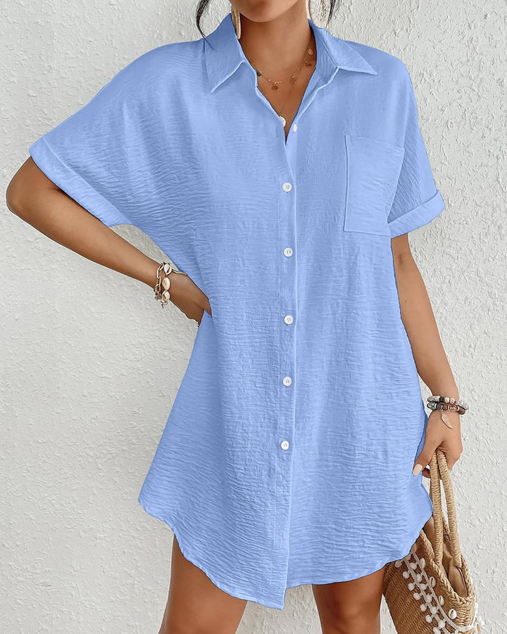 Bsubseach Frauen Badeanzug Coverup Shirt Kleid Button Down Badeanzug Cover Up Beachwear Hell, Blau M