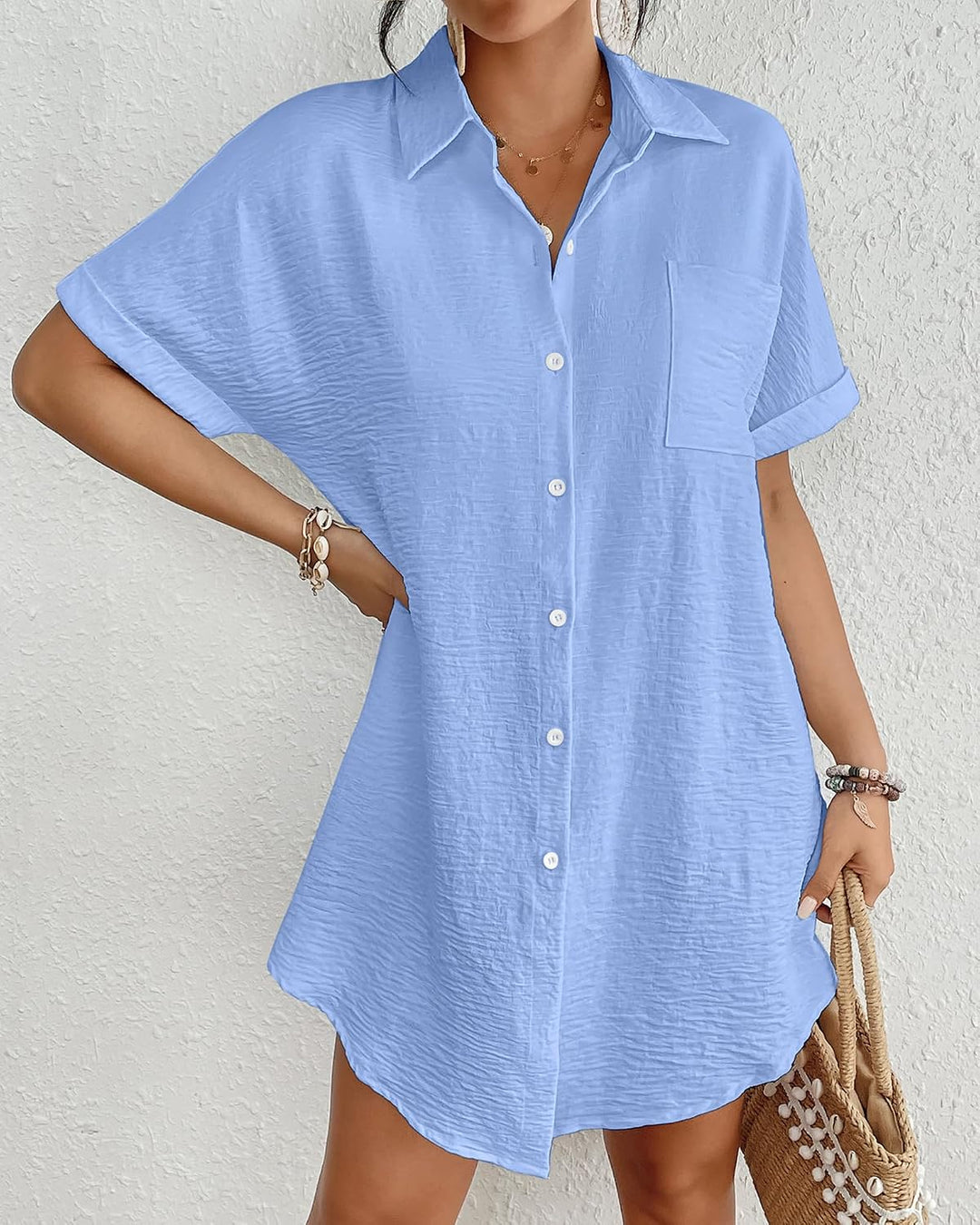 Bsubseach Frauen Badeanzug Coverup Shirt Kleid Button Down Badeanzug Cover Up Beachwear Hell, Blau L