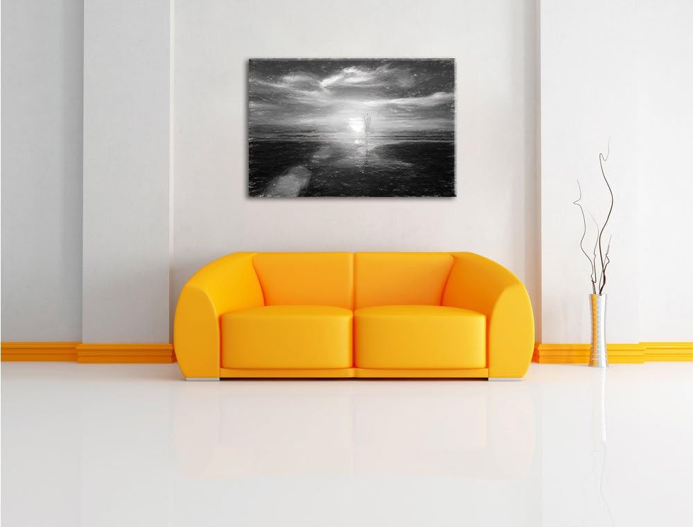 Pixxprint Yoga Silhouette am Strand / 100x70cm Leinwandbild bespannt auf Holzrahmen/Wandbild Kunstdr