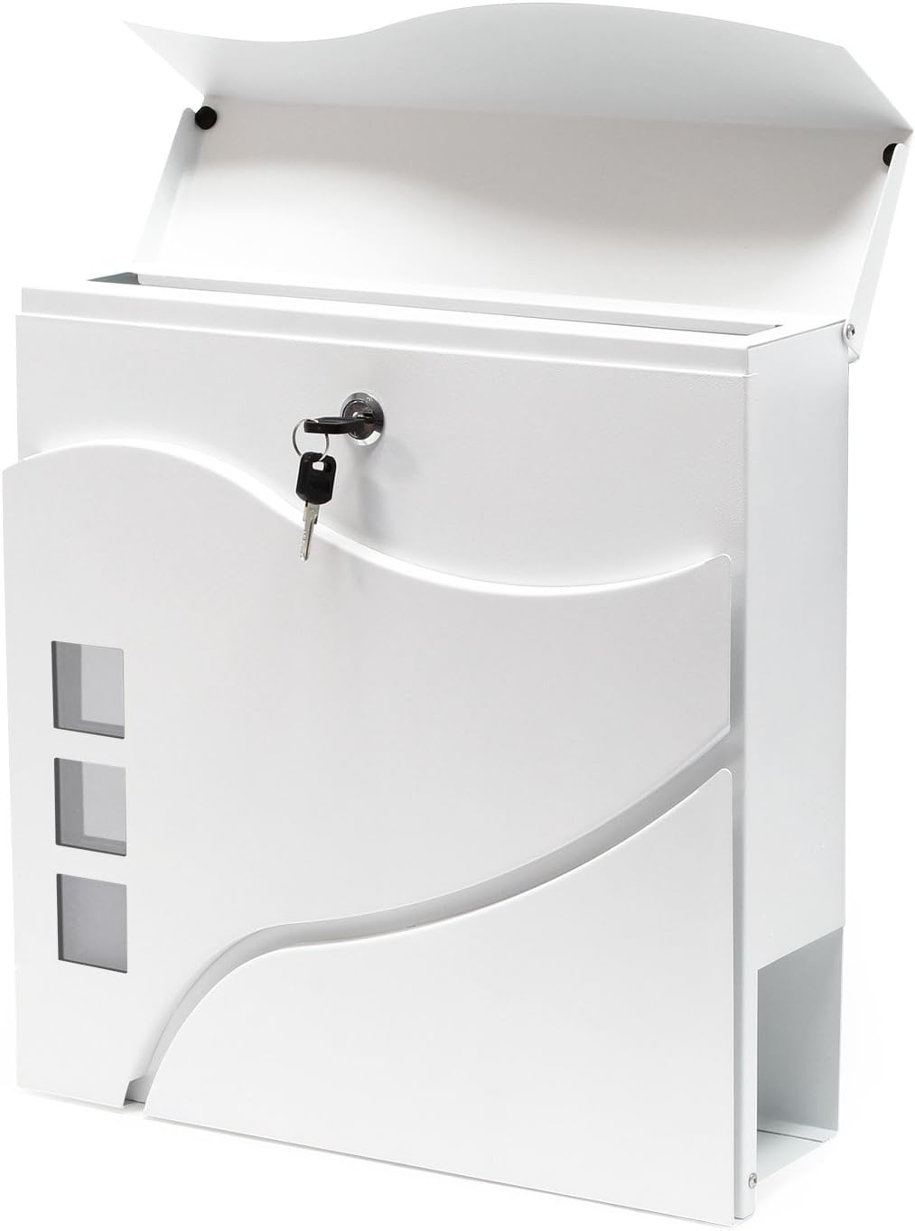 Wiltec Designer Briefkasten V28 weiss 370 x 105 x 370 mm, Wandbriefkasten mit Schloss, Sichtfenstern