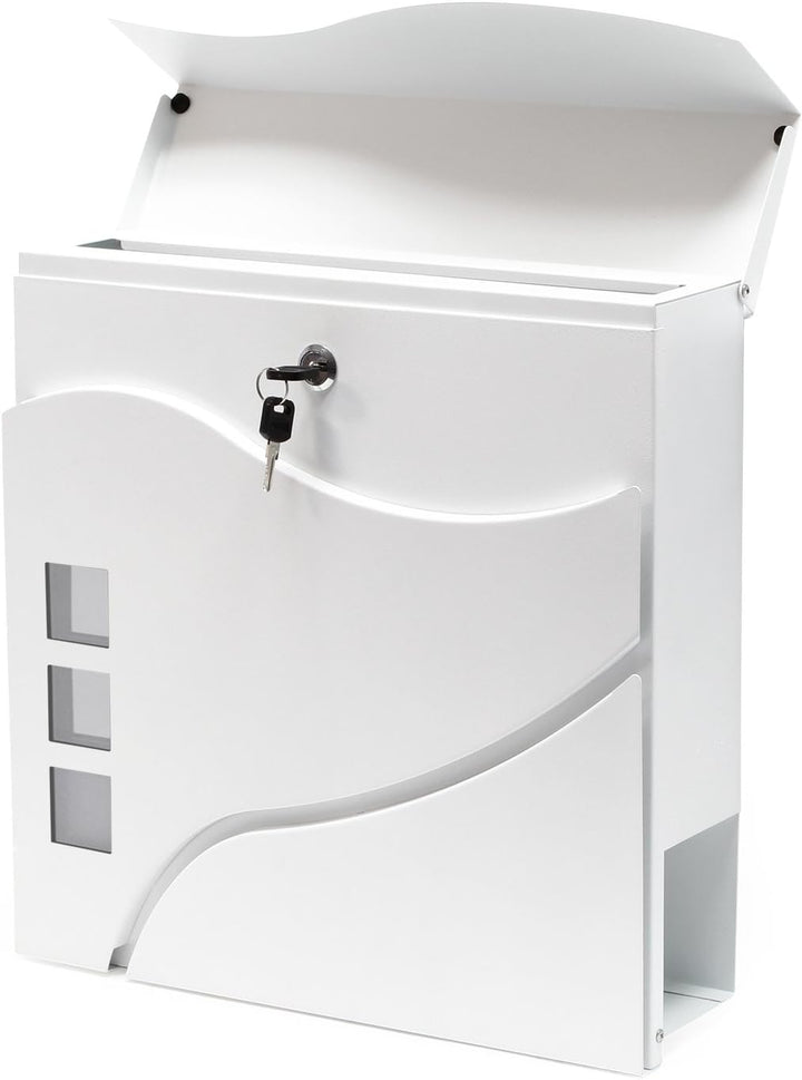Wiltec Designer Briefkasten V28 weiss 370 x 105 x 370 mm, Wandbriefkasten mit Schloss, Sichtfenstern