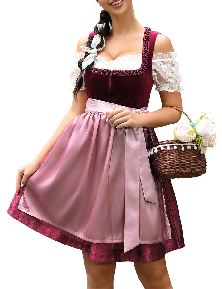 KOJOOIN Trachtenkleid Damen Dirndl Kurz Midi 3tlg. für Oktoberfest-DREI Teilig: Kleid, Bluse, Schürz