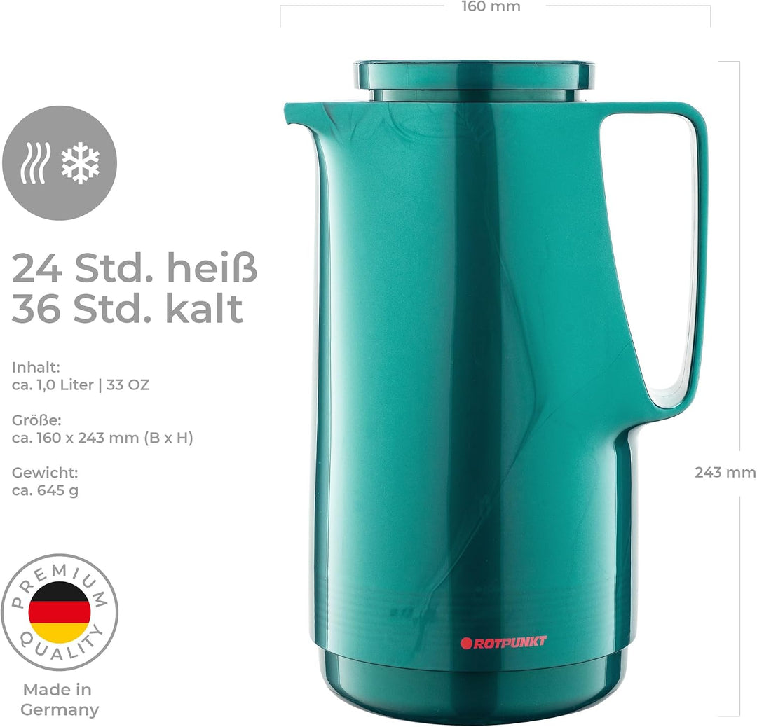 ROTPUNKT Isolierkanne 1L - Premium Kaffekanne Made in Germany I Hält bis zu 24 Std heiss I Warmhalte