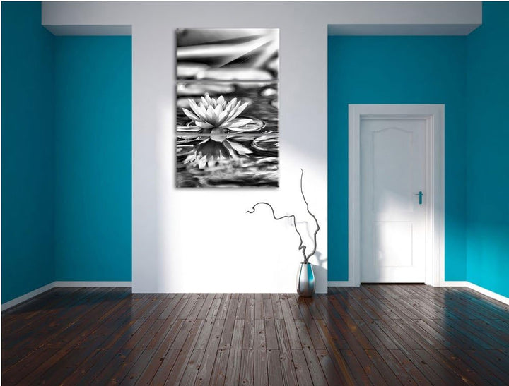 Pixxprint Monocrome, Zarte Seerose auf Wasseroberfläche 3-Teiler Leinwandbild 120x80 Bild auf Leinwa