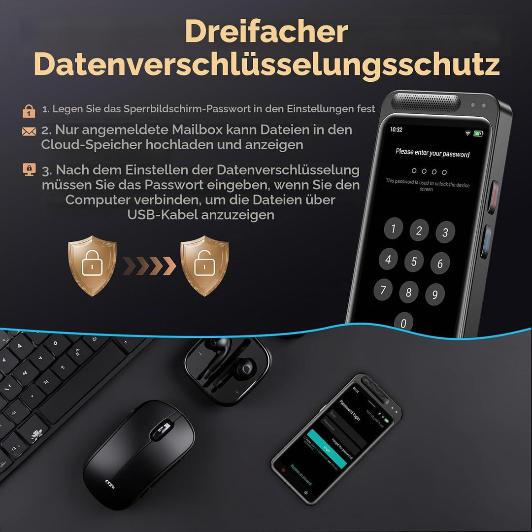 Digitales Diktiergerät Aufnahmegerät mit KI Schreibfunktion und Zusammenfassen,Übersetzung Online Of