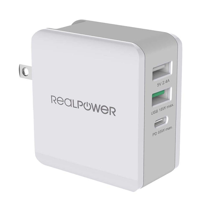 RealPower DeskCharge-65 Travel USB C Ladegerät 65W Power Delivery, USB-C Netzteil mit Reiseadapter,