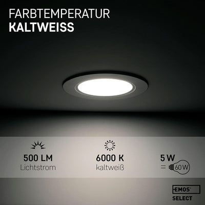 EMOS Downlight LED Einbauleuchten 6000K kaltweiss | Set 6 LED Spots IP54 Feuchtraum, Badezimmer | LE