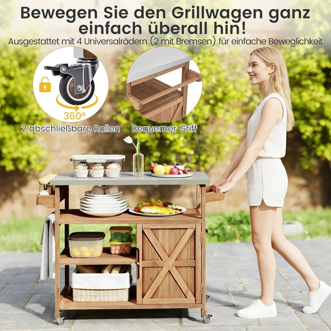 COSTWAY Grillwagen Outdoor, Servierwagen auf Rollen, Kücheninsel mit Edelstahl-Arbeitsplatte, Ablage