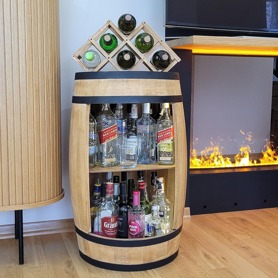 weeco Fassbar mit Weinhalter und LED Beleuchtung - Holzfass Hausbar 80cm. Rustikaler deko Barschrank