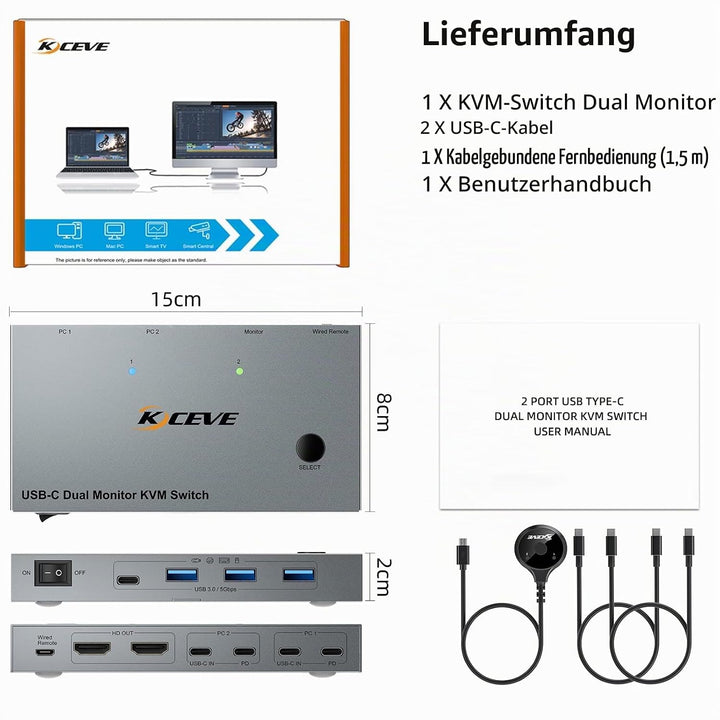 KVM Switch 2 PC 2 Monitore USB C, USB 3.0 KVM Switch Dual Monitor HDMI 4K@60Hz für 2 Laptops, MST, 8
