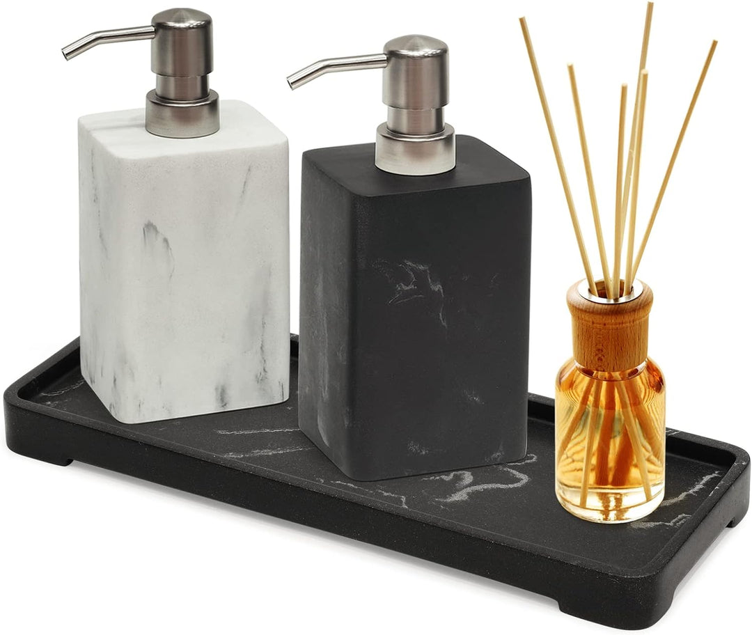 Suanti Badezimmer-Seifenspender-Set, weiss und schwarz, Marmor-Stil, mit rostfreier Silberpumpe, dek