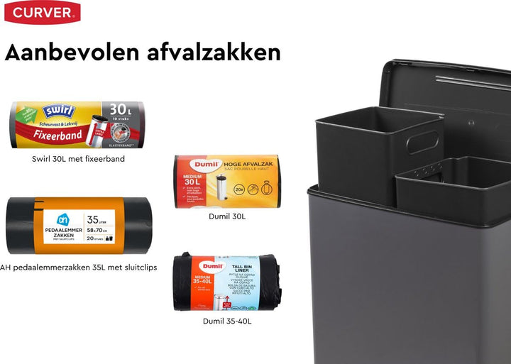Curver Decobin Duo Tretmülleimer, 52L Gesamtvolumen, Grau – mit Mülltrennung und 2 herausnehmbaren 2