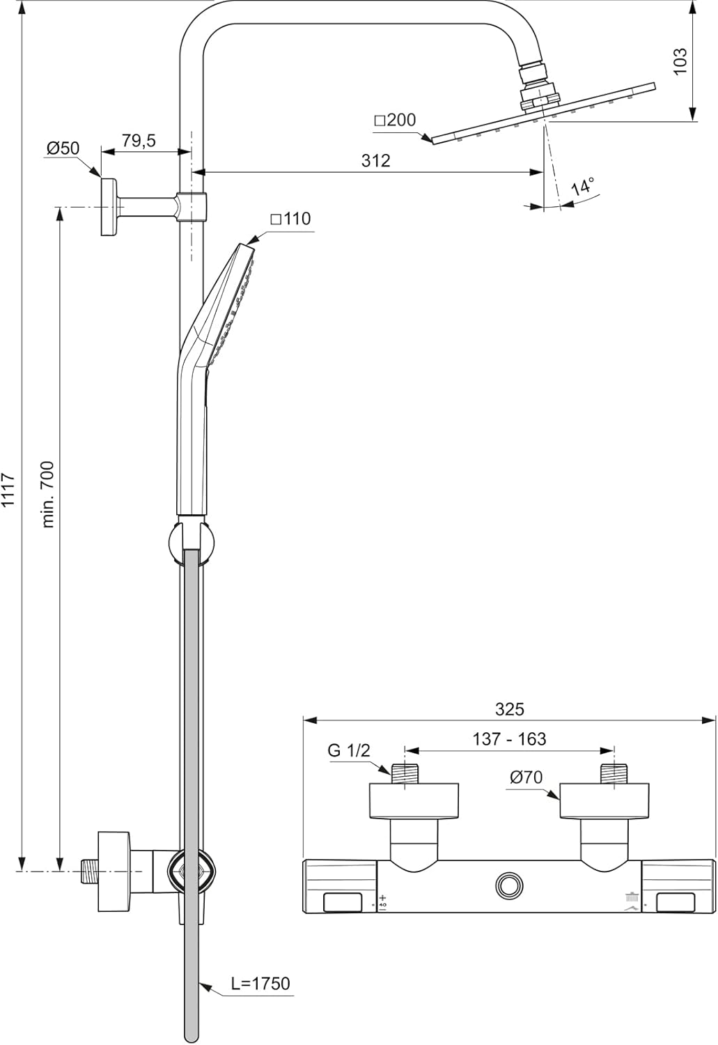Ideal Standard A7240AA Ceratherm T100 Duschsystem Aufputz, mit Ceratherm T100 Brausethermostat
