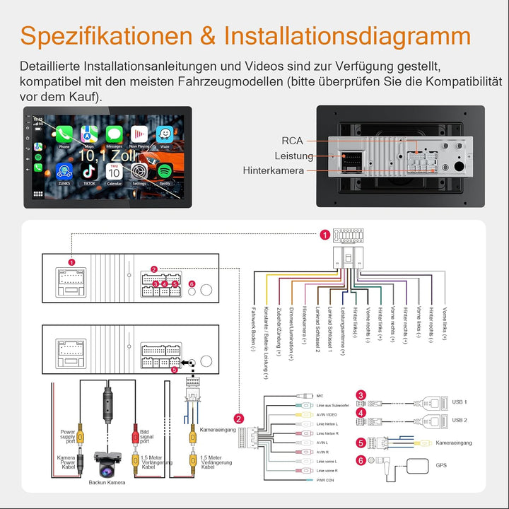 1Din Autoradio, mit 10.1 Zoll drehbar Bildschirm,Kompatibel mit Wireless Apple CarPlay und Android A