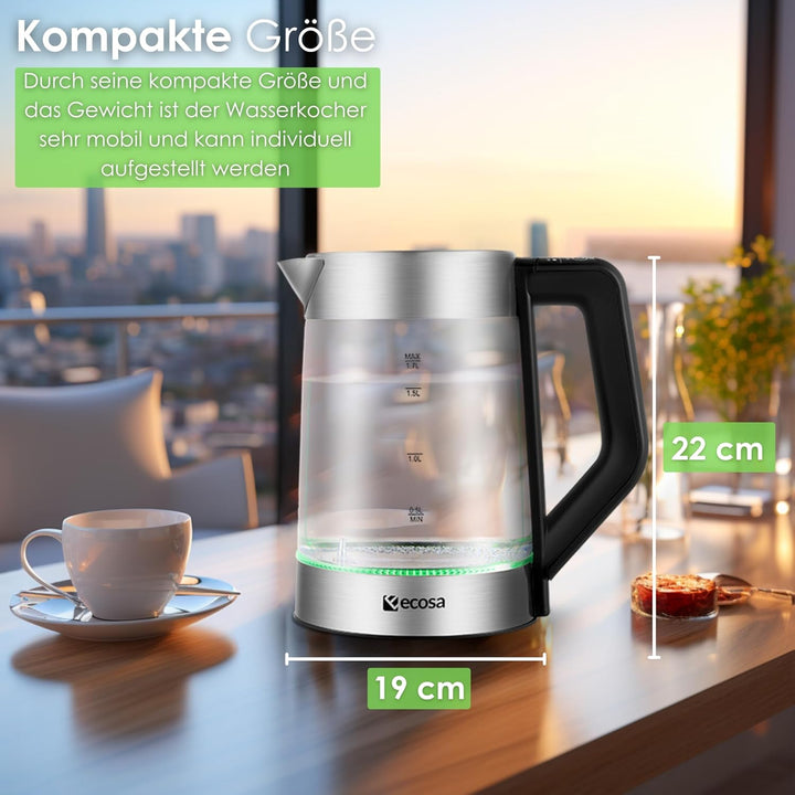 Glas Wasserkocher 1,7 Liter | 2200 Watt | Edelstahl mit Temperaturwahl | Teekocher | 100% BPA FREI |