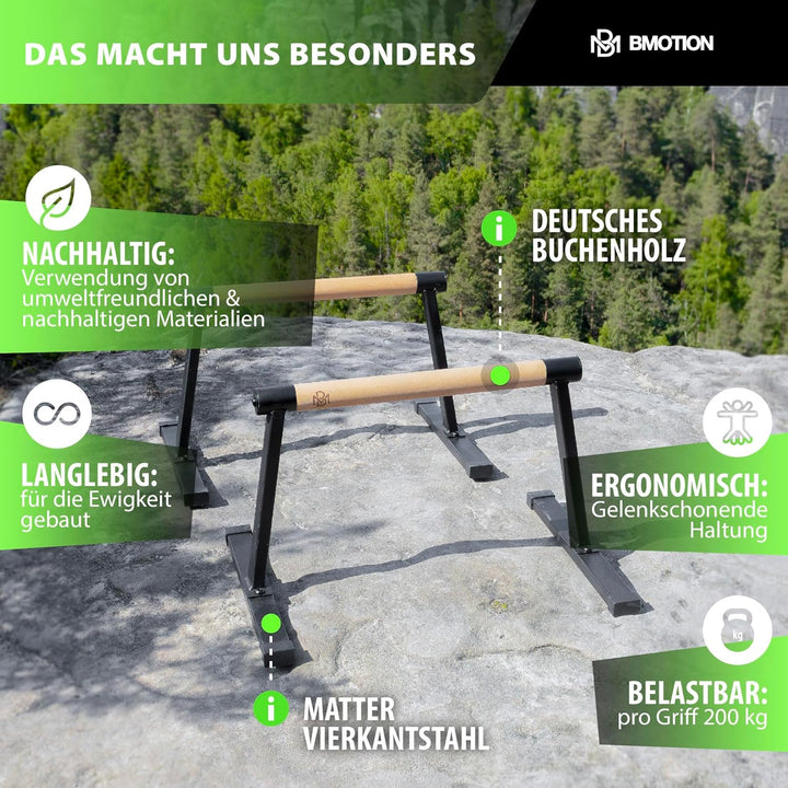 Müller & Blum Parallettes Holz mit Handgelenkbandagen, Calisthenics Bar mit rutschfesten Griffen, Mi