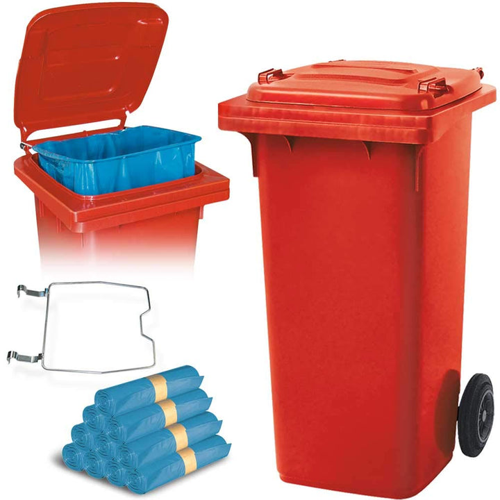 BRB 120 Liter Mülltonne mit Halter für Müllsäcke, inkl. 250 Müllsäcke (rot), rot