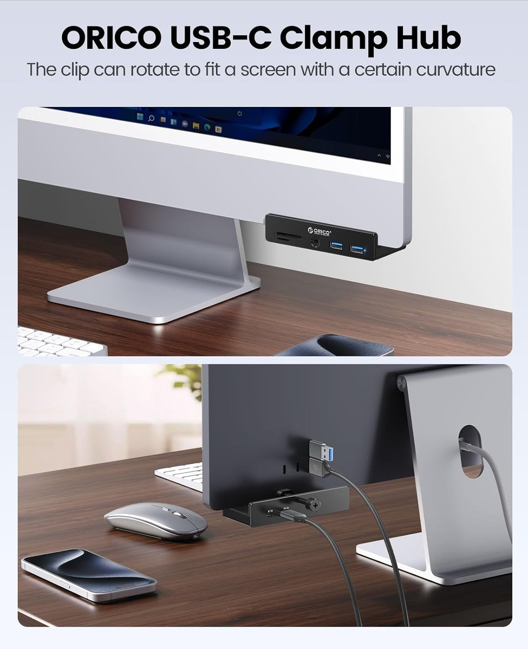 ORICO Clip-Typ USB Hub mit SD/TF Kartenleser, 5 in 1 USB Hub 3.0 mit 2 Typ A 3.0 Ports, 3.5 mm Audio
