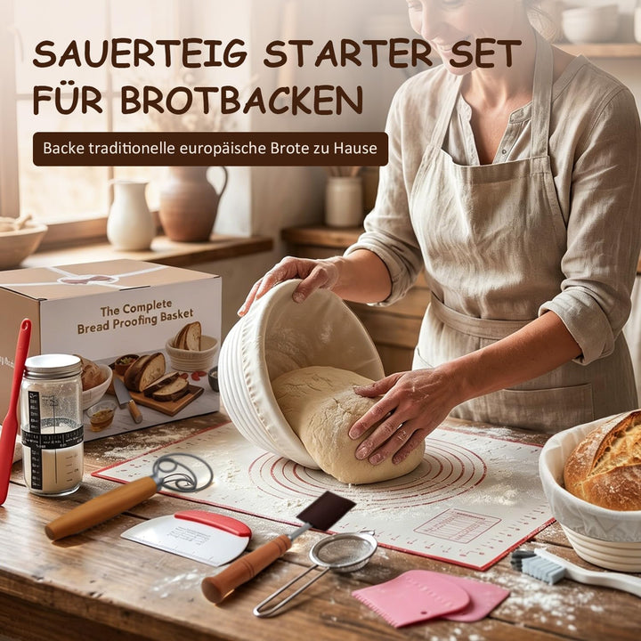 DARDVORLAG Sauerteig Starter Set,15 Teilig Gärkörbchen Brot Set mit Oval & Rund Gärkorb,Teigschaber,