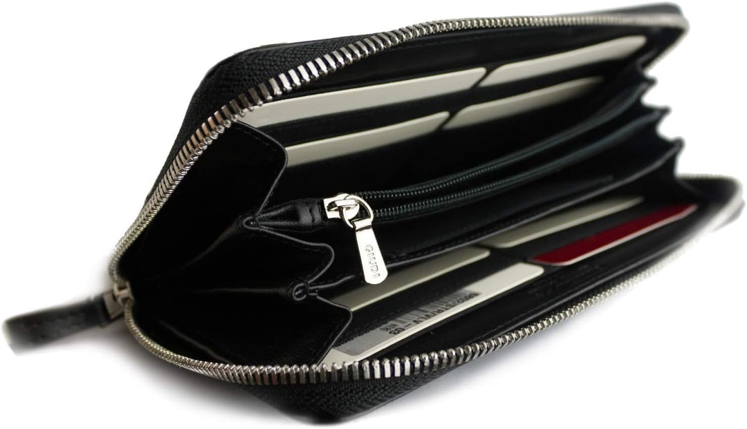 Giudi ® Geldbörse Damen Blumenprägung Schwarz Gross Echtleder Mit Vielen Fächern Schwarz, Schwarz