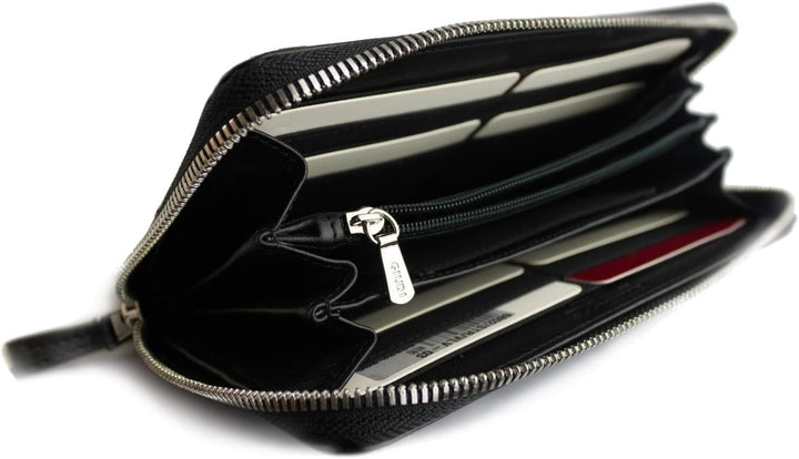 Giudi ® Geldbörse Damen Blumenprägung Schwarz Gross Echtleder Mit Vielen Fächern Schwarz, Schwarz